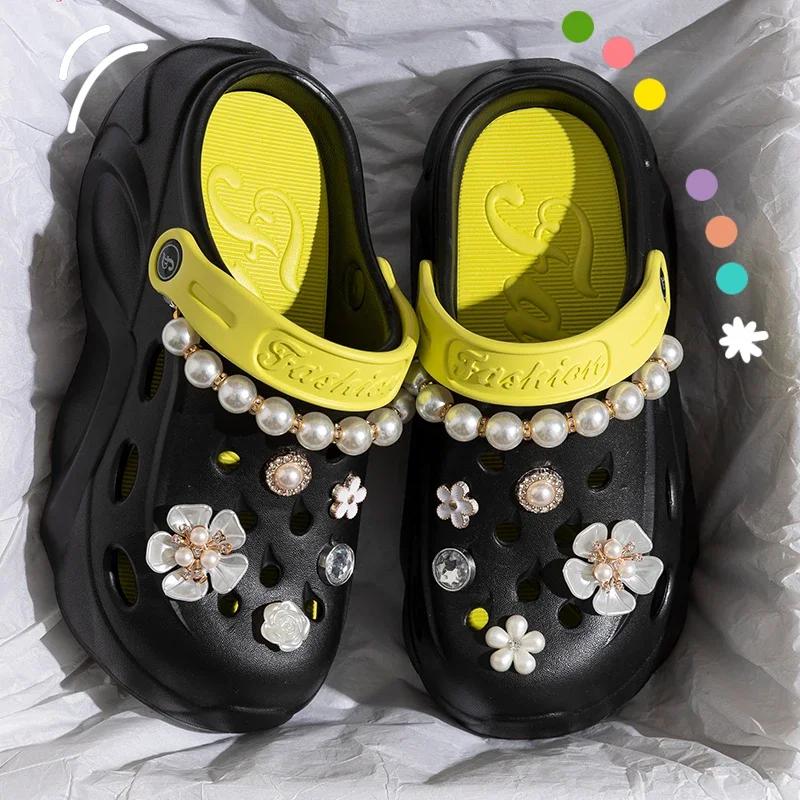 

Pearl Chains Diy Clogs for Women Summer 2025 Chunky Platform Soft Bottom Eva Sandals Woman Floral Decor Cloud Slippers Shoes 40-41 чёрный