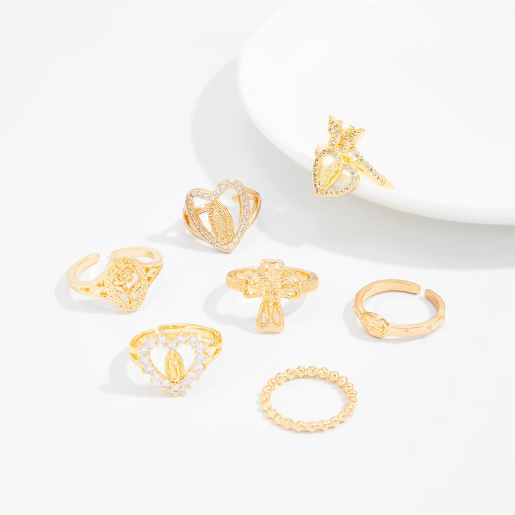 Vintage Gold Color 7 Pcs Stackable Ring Set for Women Elegant Virgin Mary Cross Heart Crystal Religious Fashion Jewelry Gifts