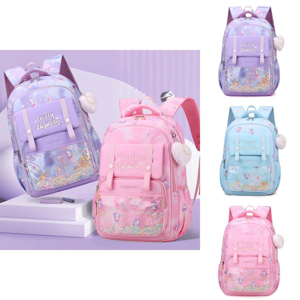 Nylon Girl School Backpack With Unicorn And Letter Print For Middle School Students