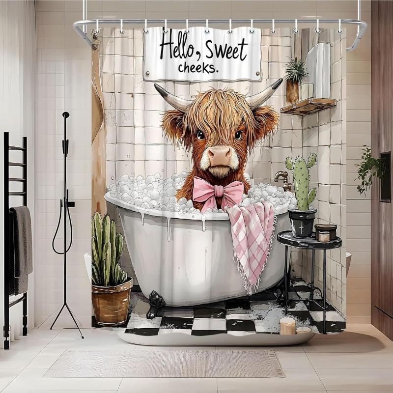 

Farmhouse Cows Shower Curtain Rustic Highland Cow In Bathtub Western Cattle Bull Cactus Succulent Plant Country Shower Curtains W60H190(CM)-1 Pcs