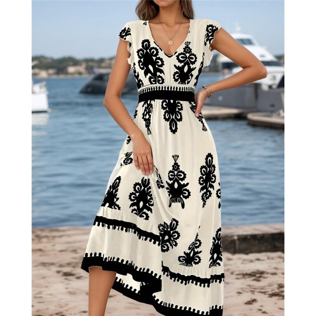 New Summer Holiday Style Printed V-neck Waist Short-sleeved Dress Holiday Long Dress