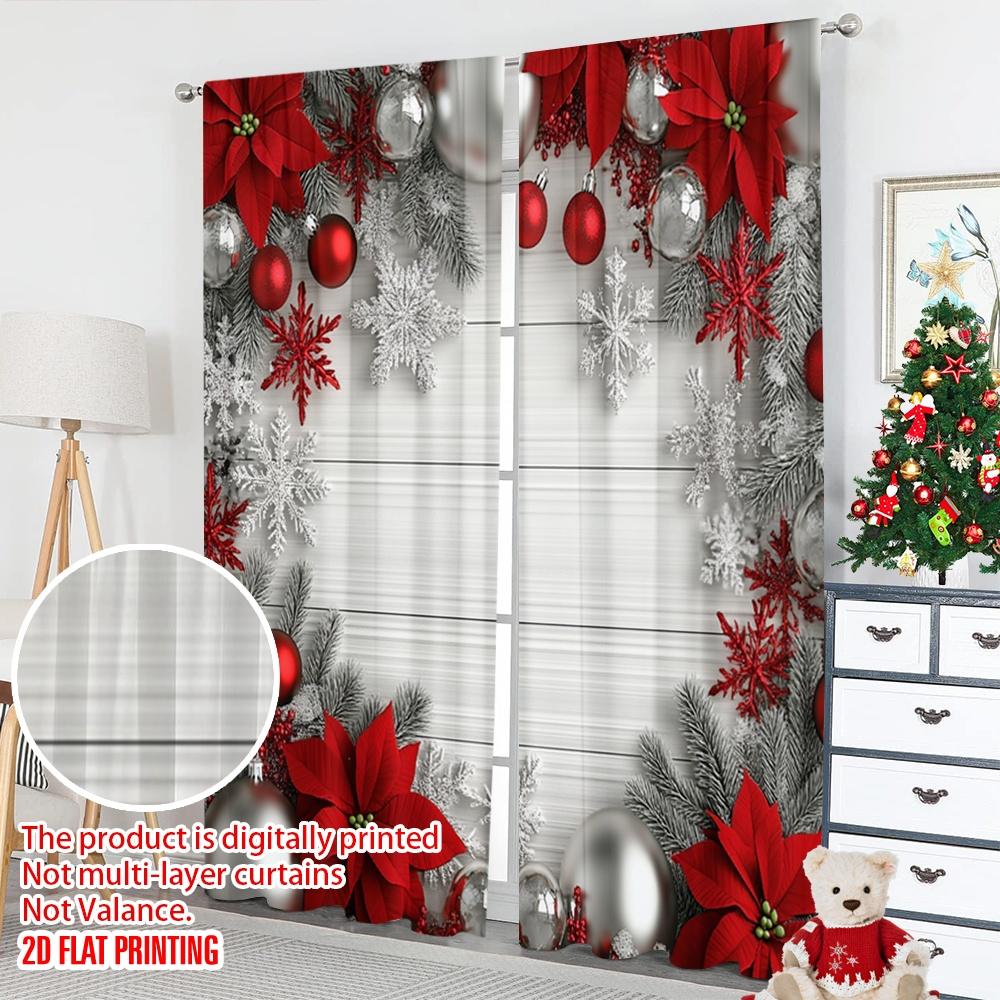 2pcs 2D flat printing Merry Christmas Window Curtains Christmas Ornaments Red Silver Snowflakes (2) Polyester Without