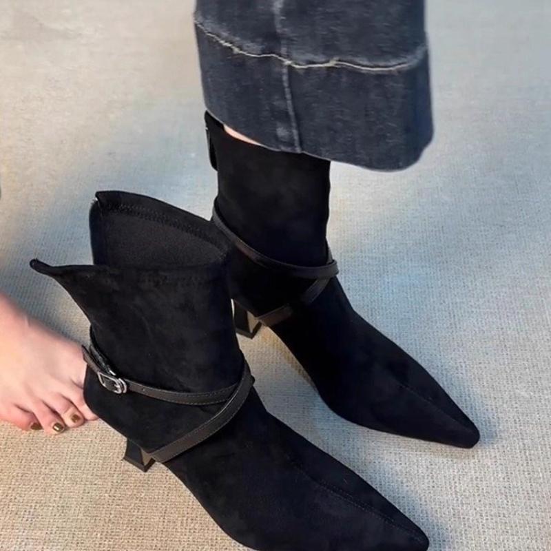Fashion High Heel Back Zipper Women's Scrub Belt Buckle Pointed Toe Temperament Booties Vintage Slim Follower Single Boots