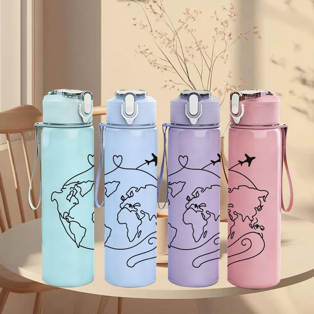 1PC Globe Travel Airplane Sketch 750ml Color Plastic Sports Water Bottle Leakproof Flip Straw Lid Suitable for Sports Office Home Use