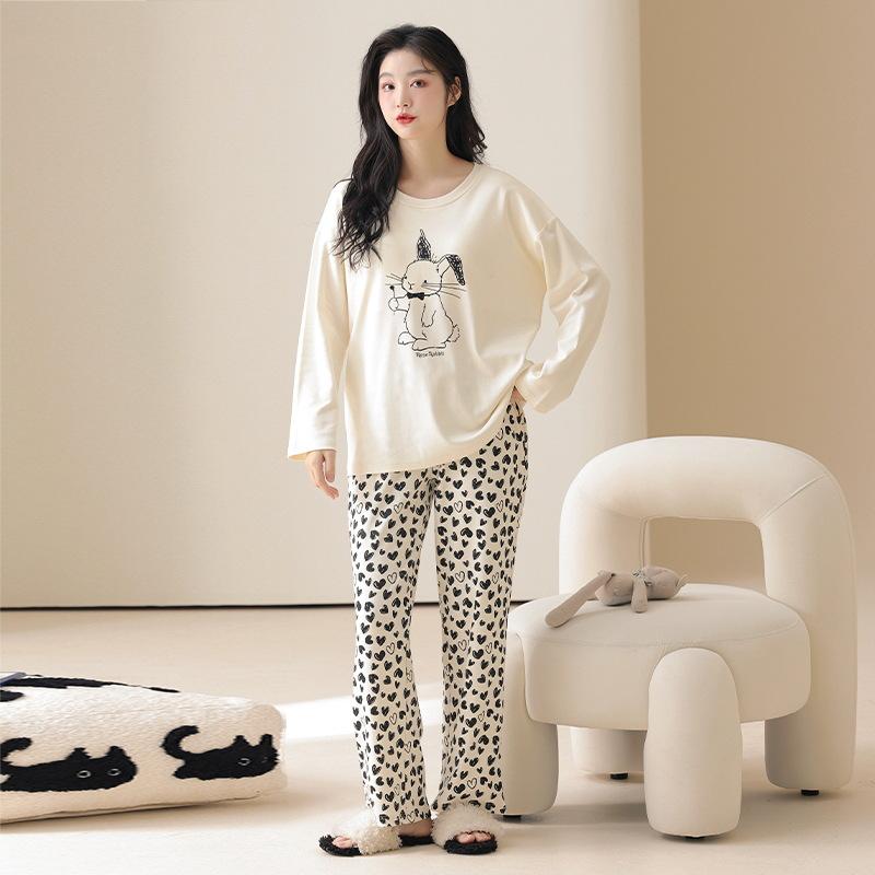Pure cotton pajamas women's spring and autumn 1011 new autumn long-sleeved loose self-brought chest pad homewear tied foot set