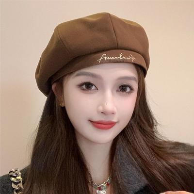 Beret Wool Embroidery Small Octagonal Hat Autumn and Winter New Hat Versatile Painter Hat