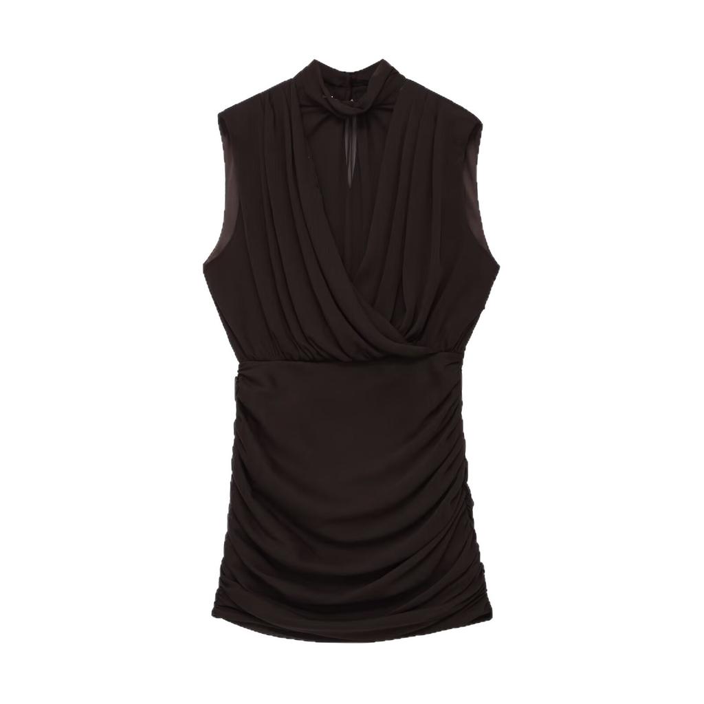 European and American style new women's clothing fashion temperament sleeveless stand-up collar pleated hip wrap mini dress