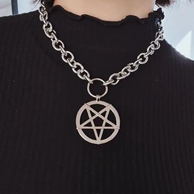 Punk Retro Sliver Color Five-pointed Star Pendant Thick Chain Necklace for Women Men Halloween Gothic Mysterious Power Jewelry