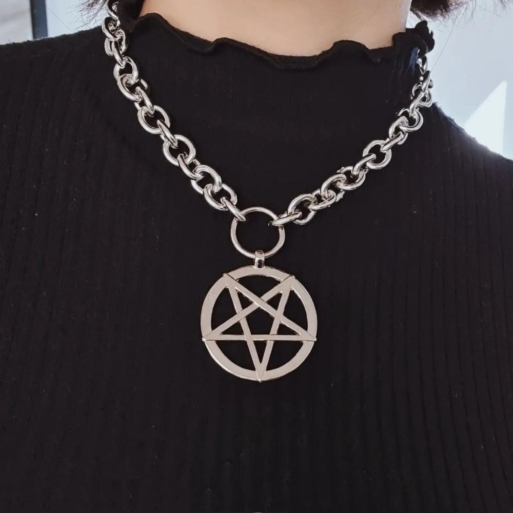 Punk Retro Sliver Color Five-pointed Star Pendant Thick Chain Necklace for Women Men Halloween Gothic Mysterious Power Jewelry