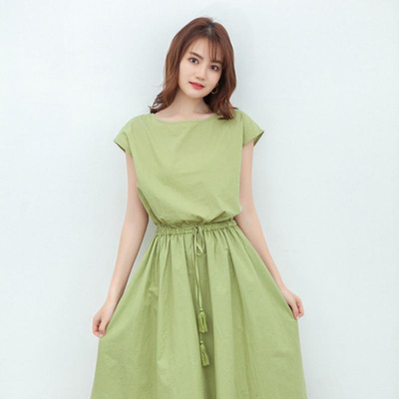 Literary Pendulum Skirt, Summer New Waist Loose Large Size Cotton and Linen Short-sleeved Dress Women