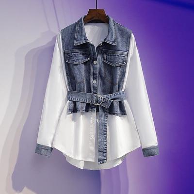 Damen Plus Size Frühling/Herbst Schlank geschnittenes gemischtes Langarm-Denim-Oberteil