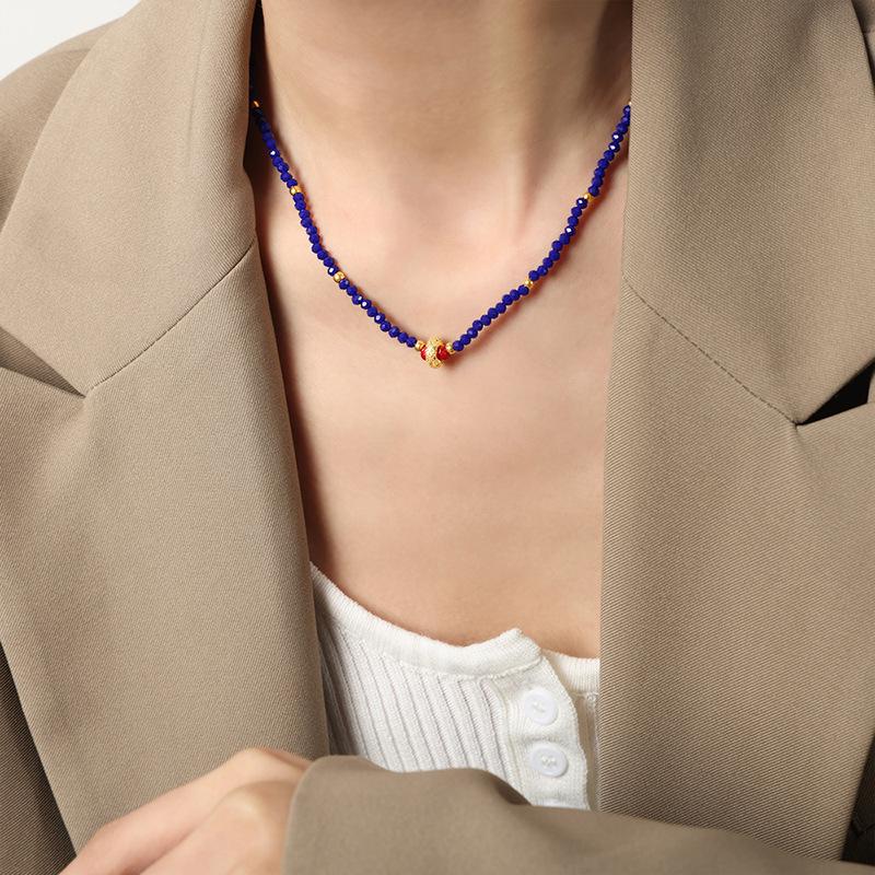 Czech Crystal Necklace with Natural Stone Beads, Copper Pendant & Clavicle Chain - Elegant Women s Jewelry