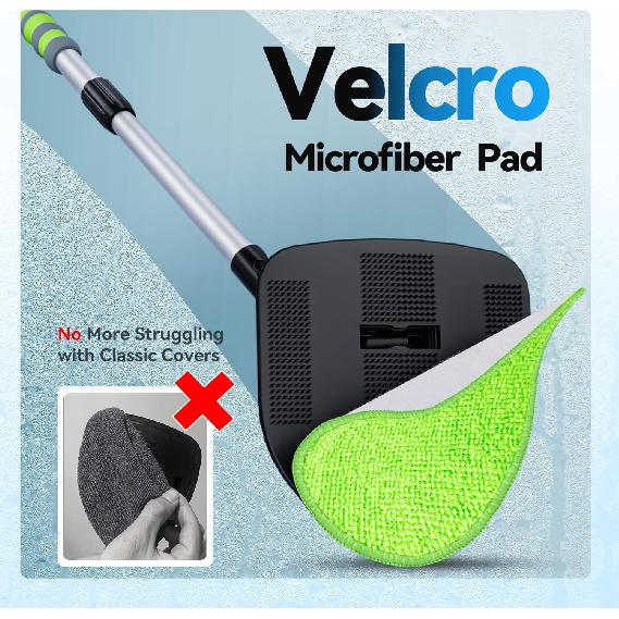 XINDELL Windshield Cleaner Tool – 360° Rotating Head With Extendable Handle, Velcro Microfiber Pads For Fast Stick & Peel, Dry/Wet Glass Cleaning