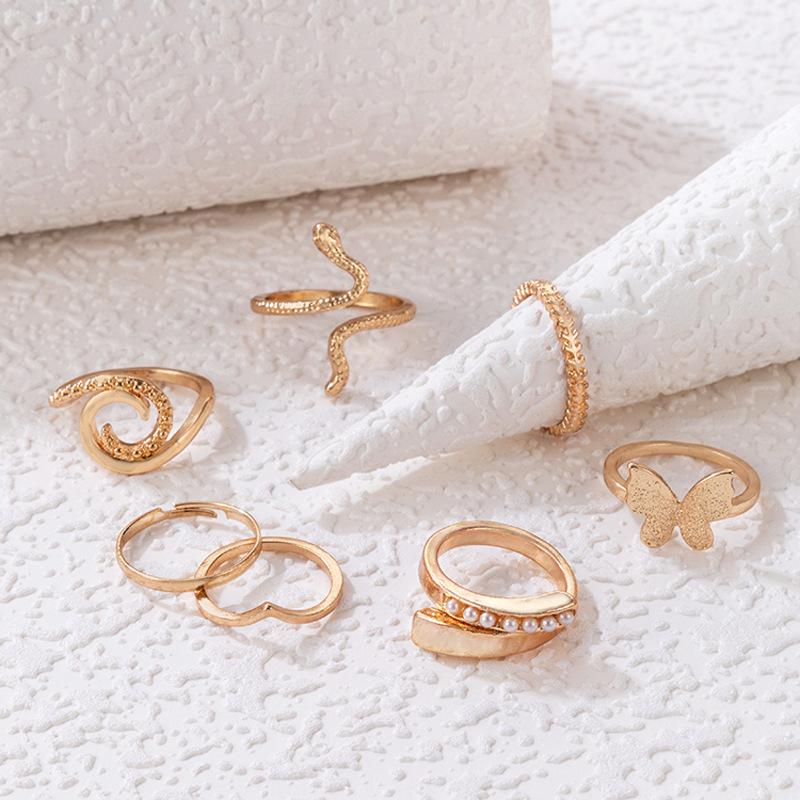 2025 New Simple Pearl Alloy Butterfly Snake Ring Geometric Zodiac Seven-Piece Ring Set