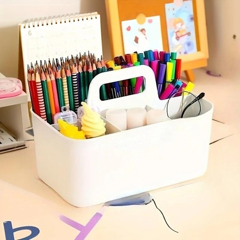 1 pièce Panier de rangement tout-en-un avec poignée, Organisateur portable facile pour crayons et stylos, Boîte à fournitures avec 5 compartiments