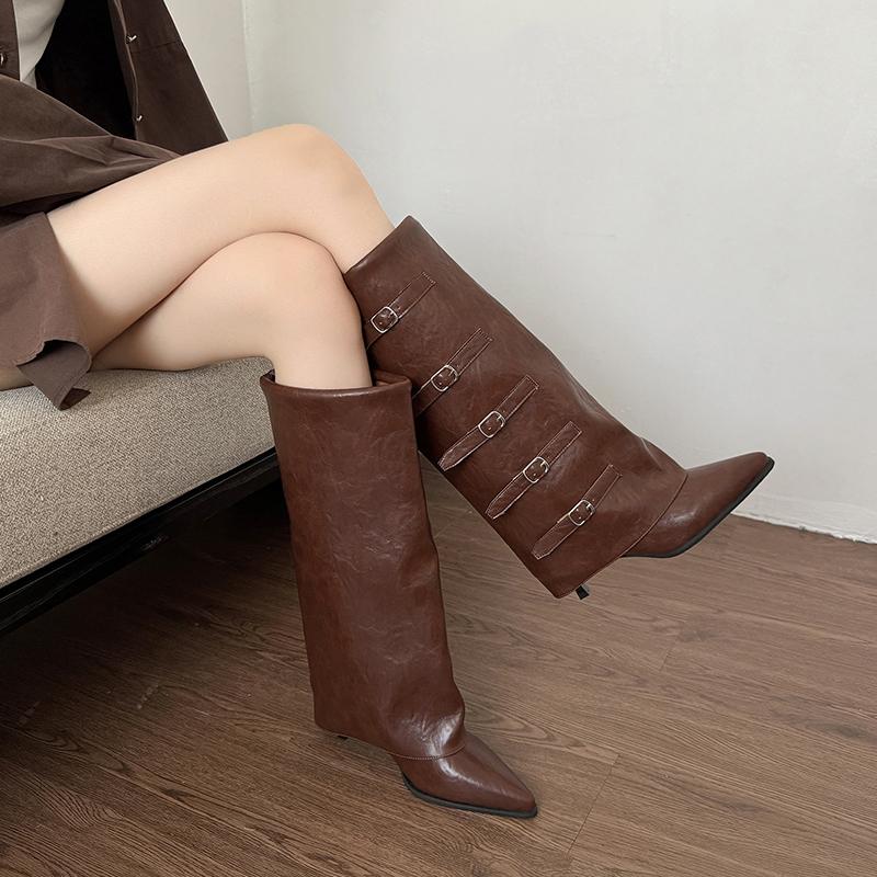 

Женские высокие сапоги на высоком каблуке Модная сексуальная обувь Острый носок Роскошное платье Сапоги до колена 2025 Зима Роскошные Ботас Пара 42 светло-коричневого
