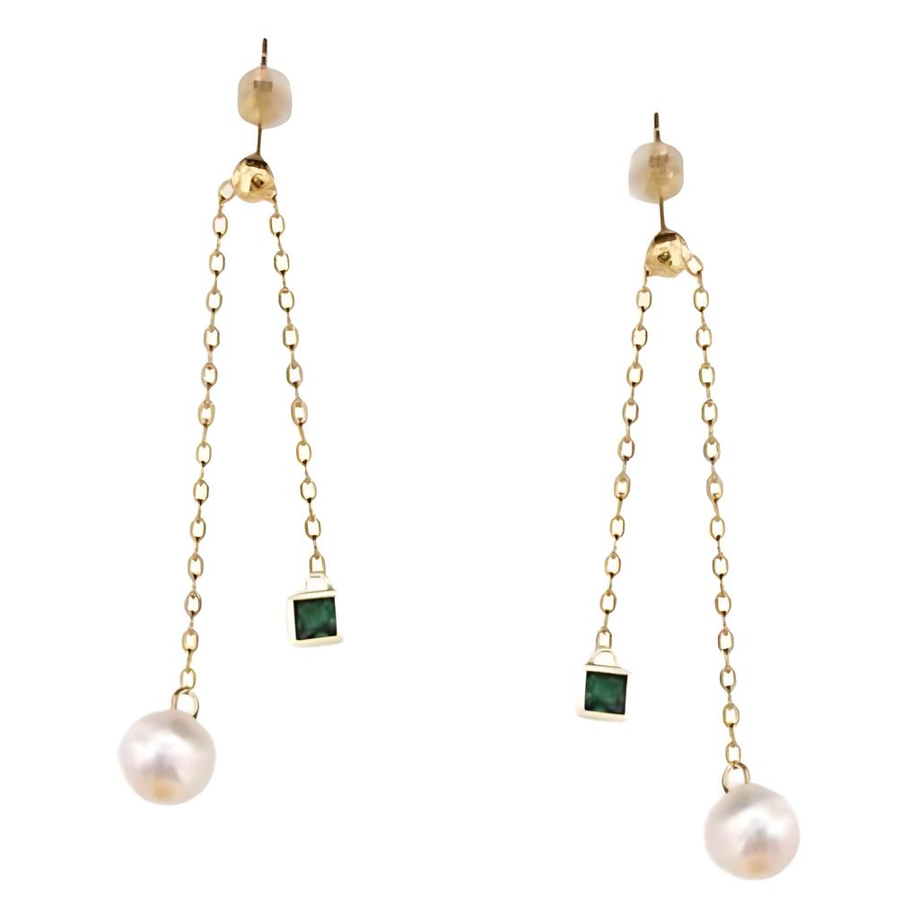 Small cute natural pearl emerald square pendant 925 silver needle gold-plated stud earrings mini control small earrings temperament earrings