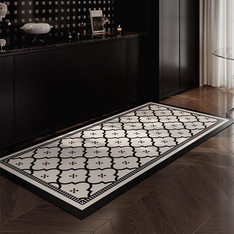Kitchen Floor Mat Waterproof Non-slip Wash-free Carpet PVC Leather Strip Rugs American Black and White Home Decoration Foot Mats