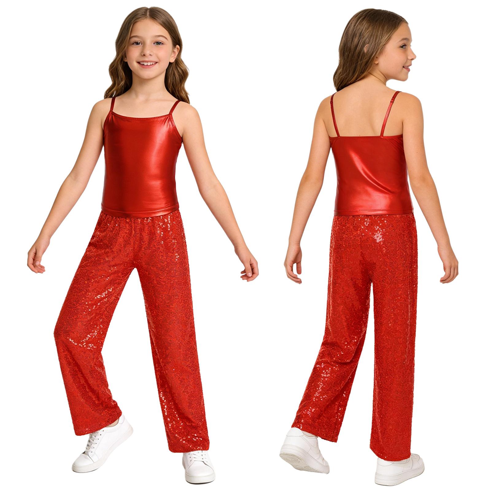 

Kids Girls Jazz Dance Performance Outfit Spaghetti Shoulder Straps Metallic Camisole with Elastic Waistband Sparkling Sequin Pants 5-6 Years червоний