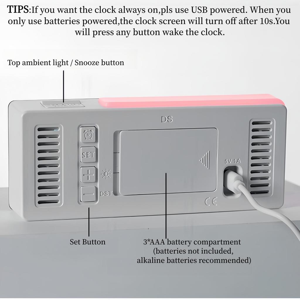 LED Digital Alarm Clock Atmosphere Light Date Teperature Week Display DST Snooze Table Clock 12/24H Brightness Adjustment