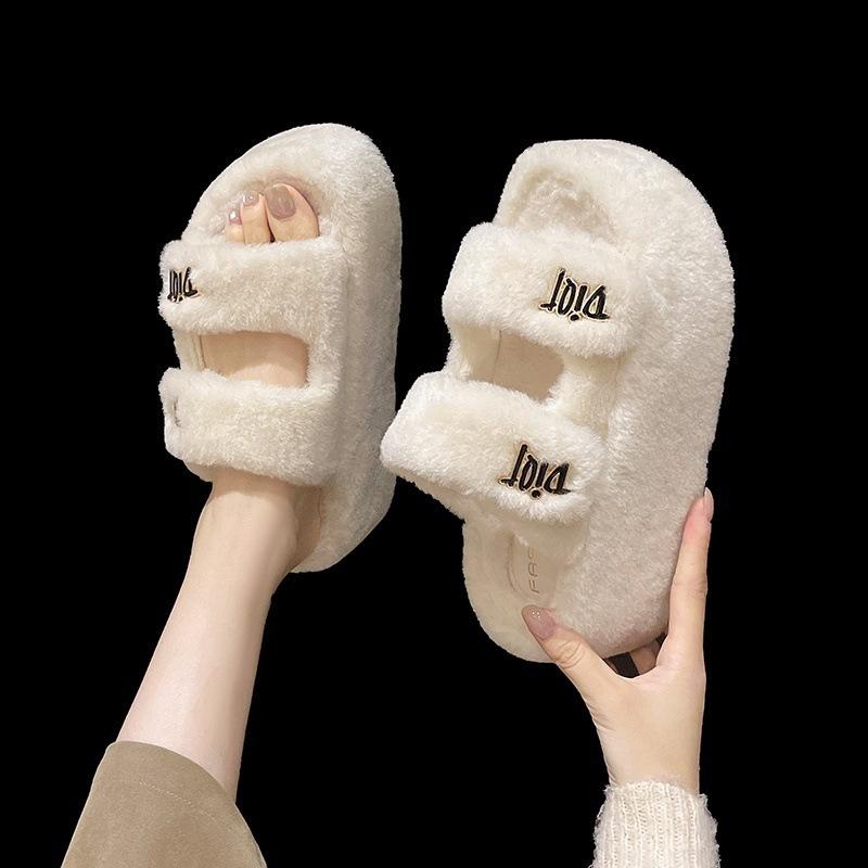 

Internet celebrity fluffy cotton slippers women wear 2025 new autumn and winter heightened thick bottom super fire plush slippers 34 белый
