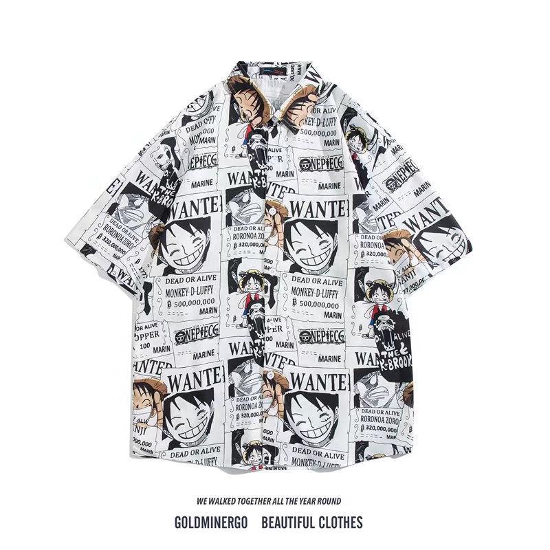 Handsome Pirate King Luffy Graffiti Short Sleeve Men's Trendy Loose Summer Shirt