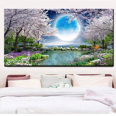 Full Square Round Diamond Painting Cherry Blossoms and Moon Lake Scenery Diamond Embroidery Rhinestone Mosaic Diamond
