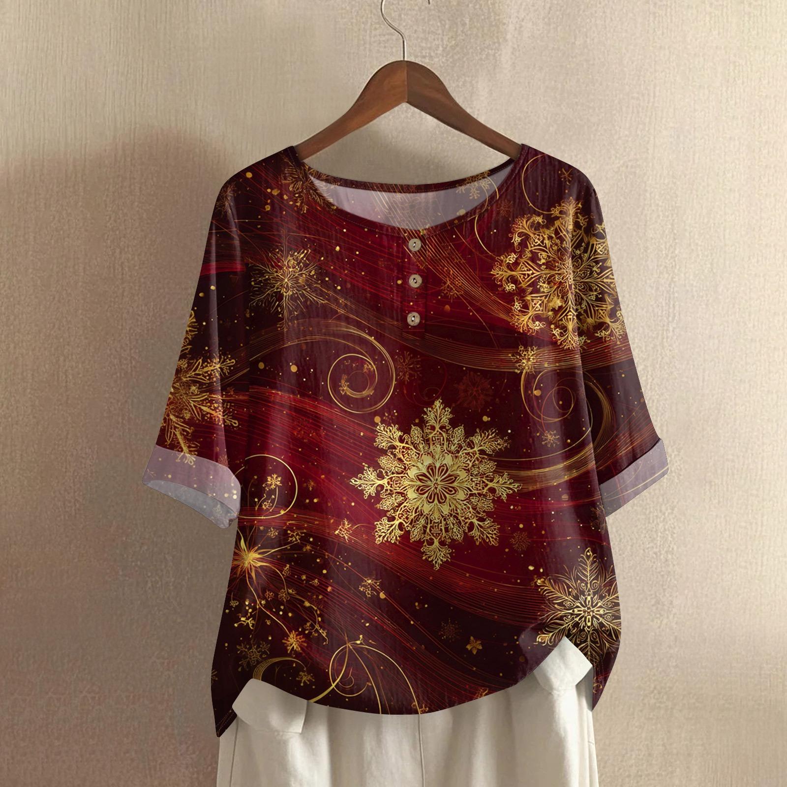 

Women s Fashionable And Casual Shirt Half-sleeve Round Neck Print Cotton And Linen Blouse Top XXL