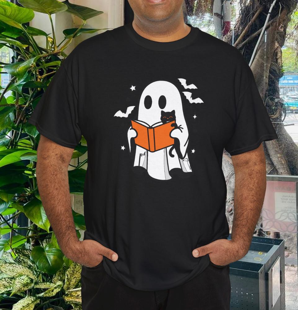 

Ghost Reading Books Shirt, Bookish Cat Halloween Shirt S
