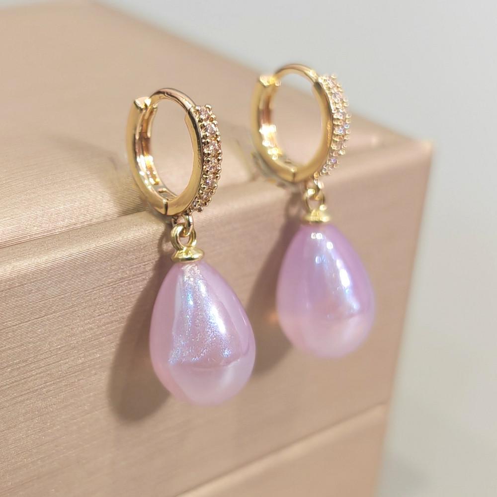 New Shiny Purple Drop Shape Imitation Pearls Dangle Earrings for Women Fashion Zircon Earring Jewelry Wedding Accessories