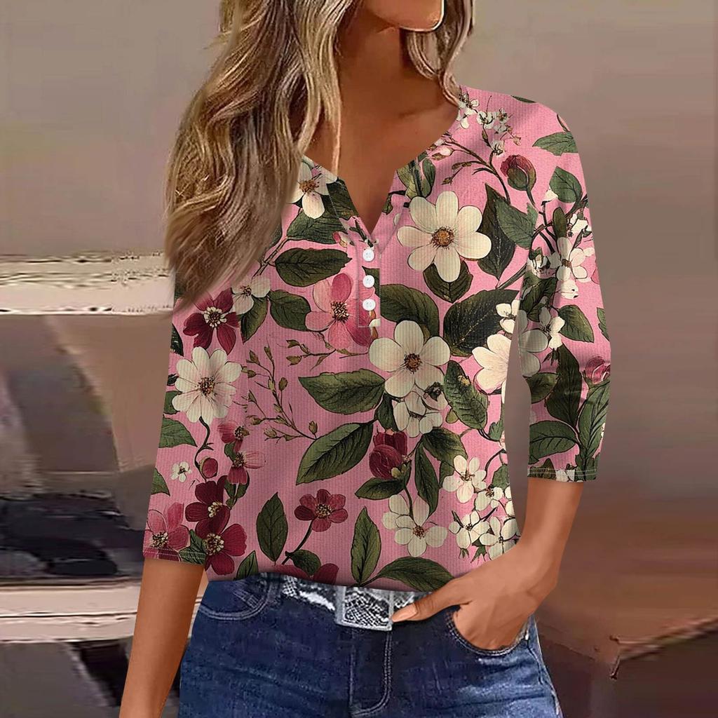 Women's T Shirt Tee Print Button 3/4 Sleeve Tunic Daily Weekend Fashion Basic V- Neck Regular Top