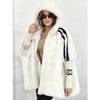 Women's Hooded Striped Sleeve Letter Cuff Zip Up Faux Mink Fur Loose Casual Baseball Coat
