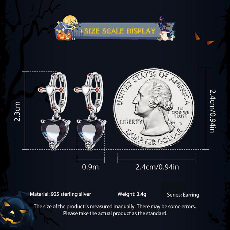 BAMOER 925 Sterling Silver Heart Bi Color Black Crystal Hoop Earrings For Women Reto Red Cross Dangle Drop Earring Halloween Gift