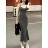 Summer 2026 New Threaded Black Suspender Dress Women's Sexy Spice Girl Skinny Stepmother Hip Wrap Medium Dress