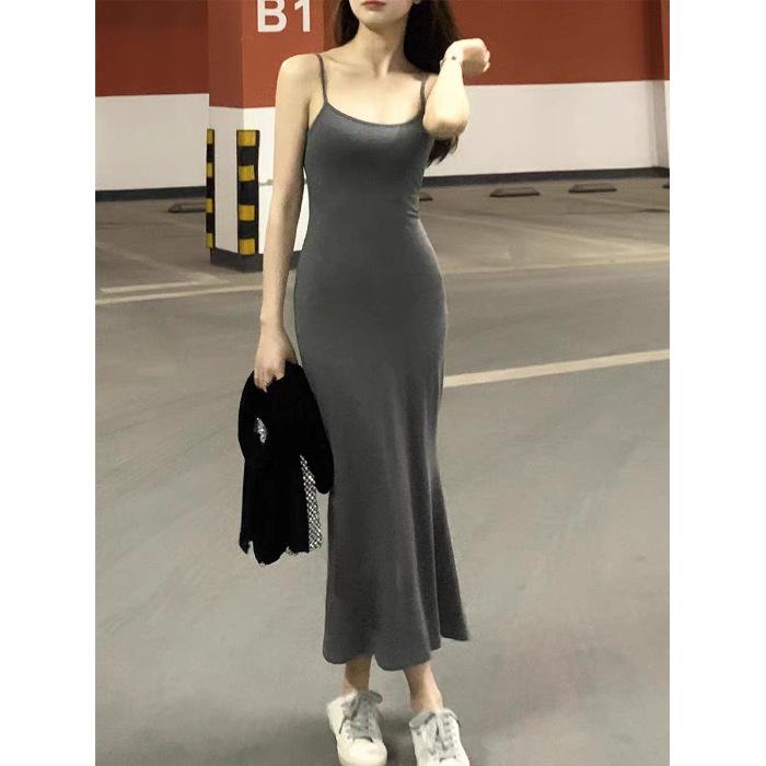 Summer 2026 New Threaded Black Suspender Dress Women's Sexy Spice Girl Skinny Stepmother Hip Wrap Medium Dress
