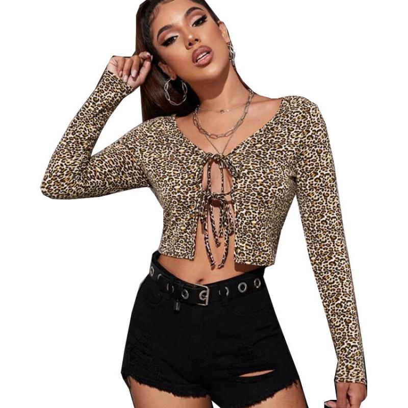 2026 Hot-Selling Women's Tops Leopard Print Sexy Tie-Up Long Sleeve T-Shirt