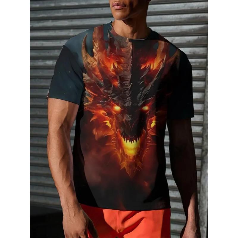 Fashion Gothic Dragon Print T-shirt Men Street Casual Personality Cool T-shirt Tops