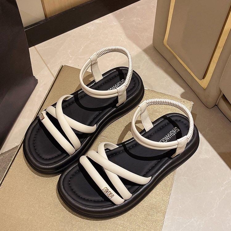 Fairy Wind Sandals Girl 2025 Summer New Korean Version Muffin Thick Sole Simple Thin Band Elastic Band Roman Sandals Woman