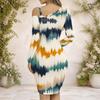Women Plus Size Chain Strap One Shoulder Long Sleeve White Purple Printed Asymmetrical Hem Bodycon Dress