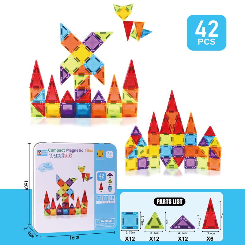 Portable Children's Magnetic Tile Puzzle Toy – Stained Glass Magnetic Building Set in Iron Box