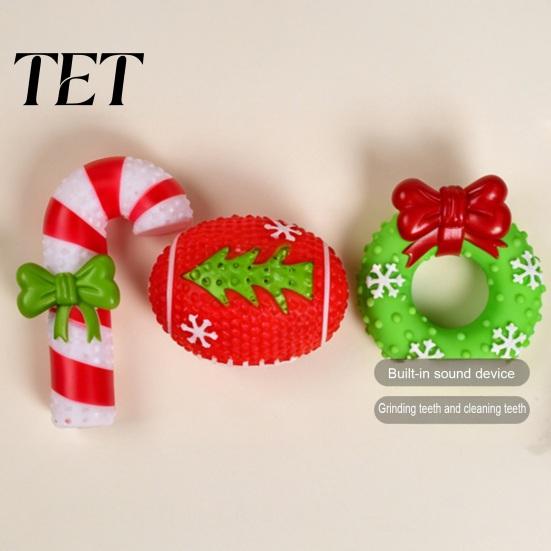 Elastic Rubber Dog Chews Christmas Squeaky Chew Toys, Teeth Cleaning Interactive Pet Holiday Themed Fetch Toys for Pets Balls with Candy Cane