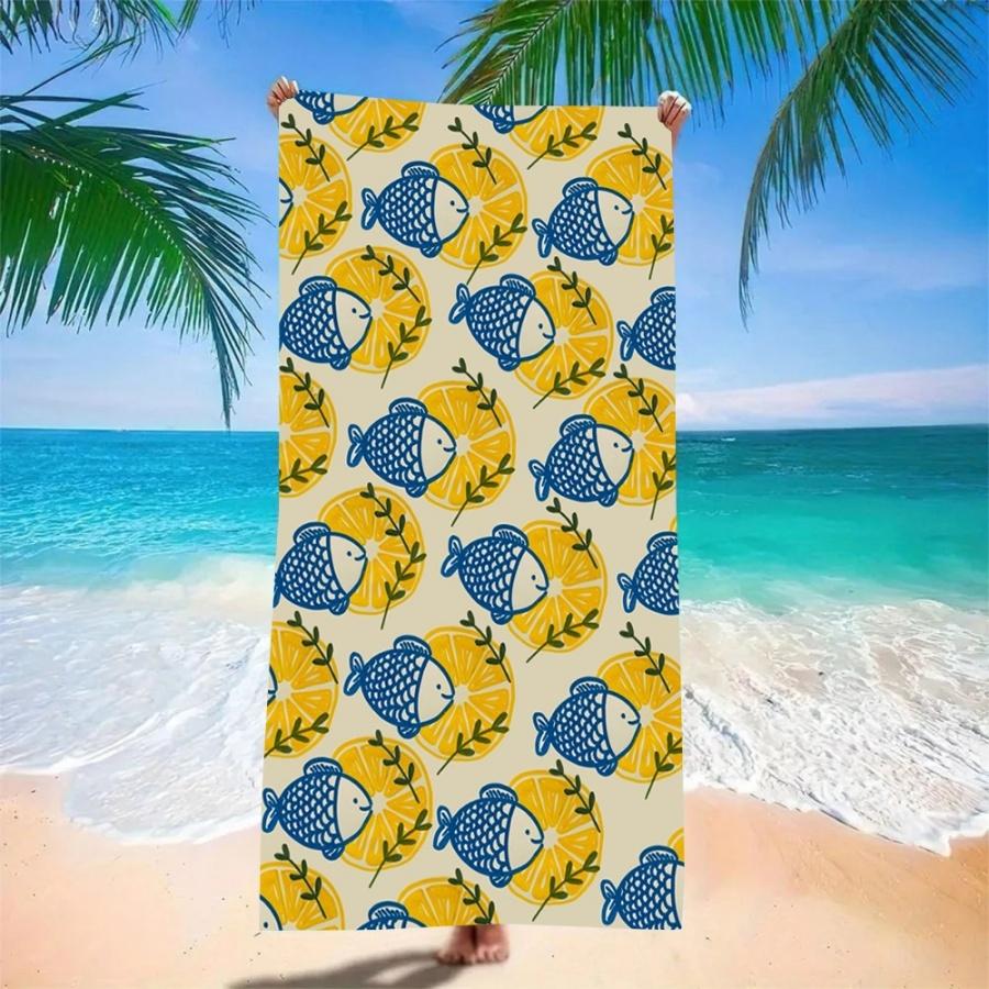 Beach Towel Oversized Sand Free Quick Dry Microfiber Lemon Print Navy White Striped Towels for Adults Pool Swim Camping Travel