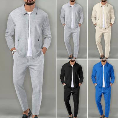 2 Teile/satz Männer Outfit Revers Langarm Reißverschluss Knopfleiste Mantel Elastische Taille Verstellbarer Kordelzug Lange Hosen Set