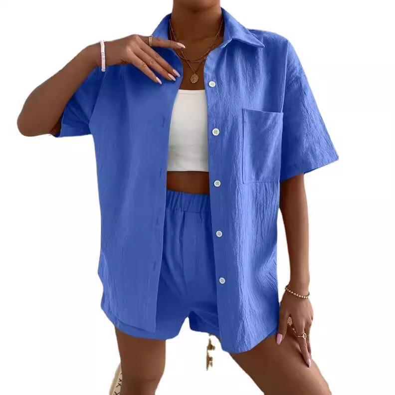IHUASU Cotton and Linen Fashion Set, Solid-color Pocket Patch Off-the-shoulder Shirt and Shorts, Solid-color Short-sleeved Shirt