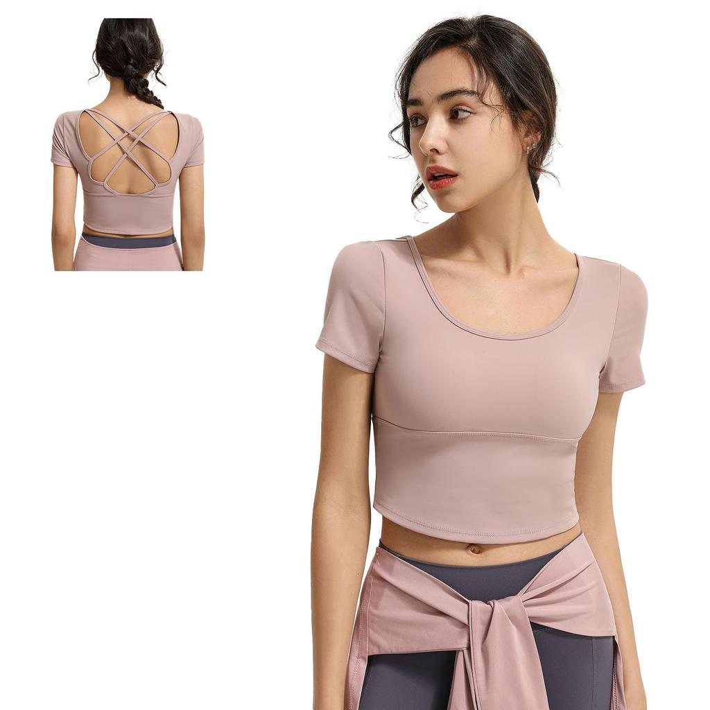 MORGEN SKY Short Sleeve Yoga Practice Shirt with Short and Back Support for and Fitness Women's Cups, Length, Stretch, Breathable, Yoga, Pilates,