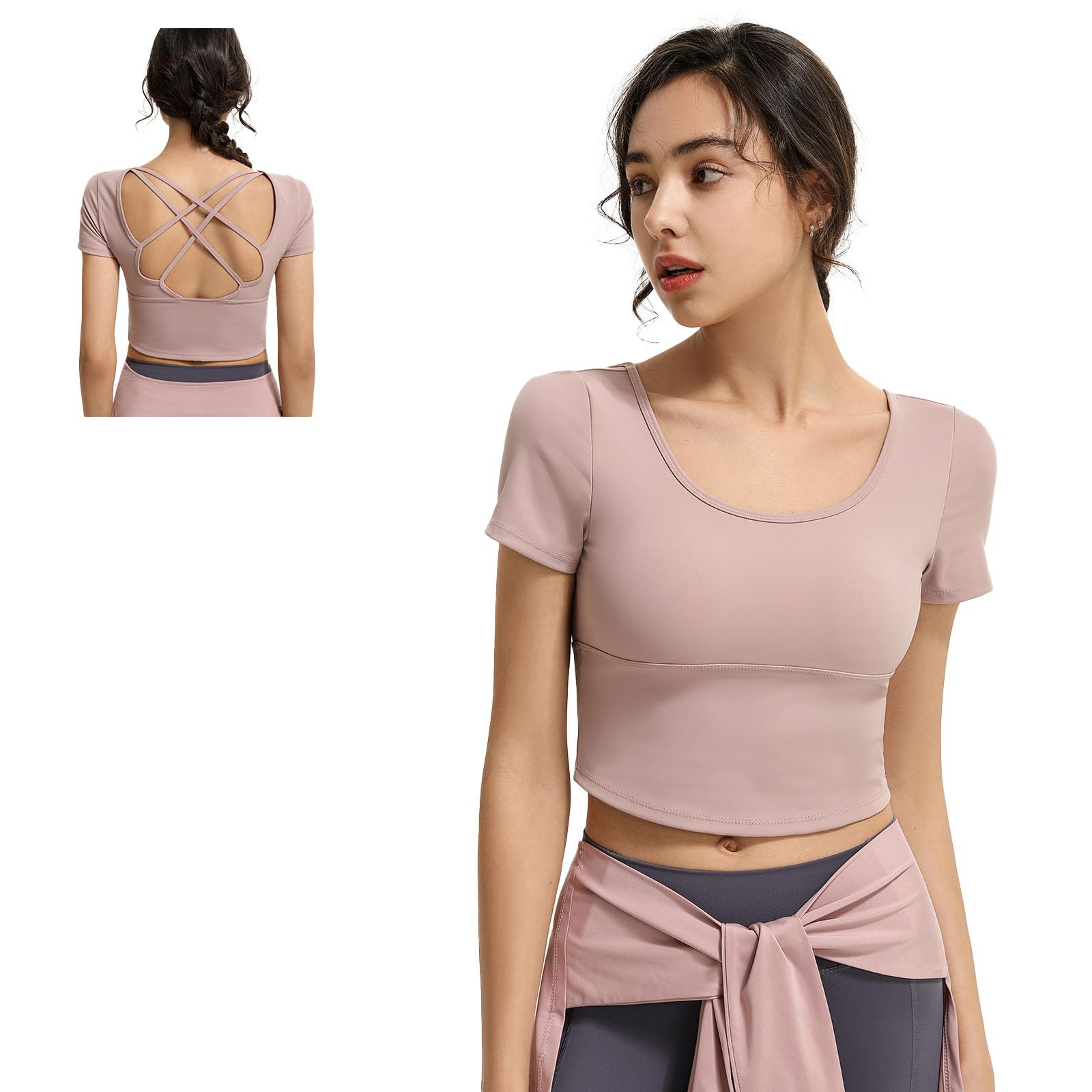 

MORGEN SKY Short Sleeve Yoga Practice Shirt with Short and Back Support for and Fitness Women s Cups, Length, Stretch, Breathable, Yoga, Pilates, розовый