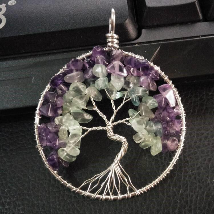 Handmade Man Winding Amethyst Fluorite Tree Of Life Necklace Fortune Tree Woven Necklace N139