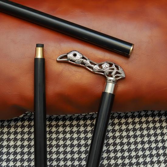 Bird Handle Walking Stick Silver Tone Carved Cane with Black Wooden Shaft Handmade Walking Cane Gift for Men, Collectors
