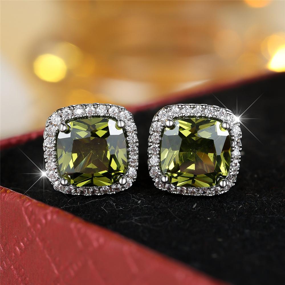 Urocze Damskie Kolczyki Sztyfty z Oliwkowozielonym Kamieniem Cyrkoniowym Vintage Srebrny Kolor Prezent na Wesele Imprezę Dla Kobiet