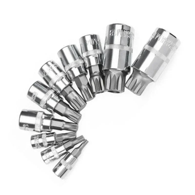10pcs Set XZN 12 Point Spline Bit Socket S2 Steel 4-18mm Car Anti-Rust Ratchets Wrench Hand Tools High Hardness Blue Box